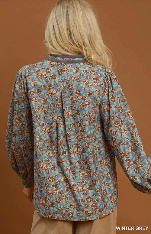 Floral Print Contrast V-Neck Long sleeve Blouse