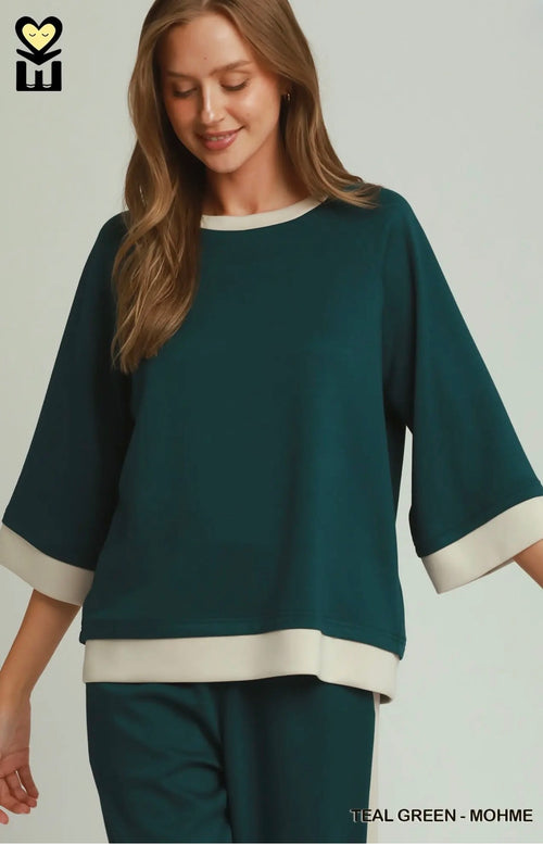 Colorblock Crewneck Raglan Sleeve Set (Teal)