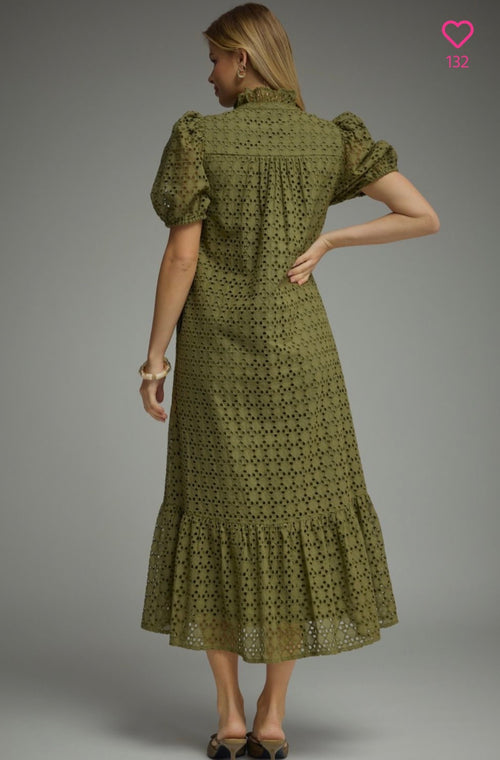 Eyelet Puff Sleeve Midi Dress